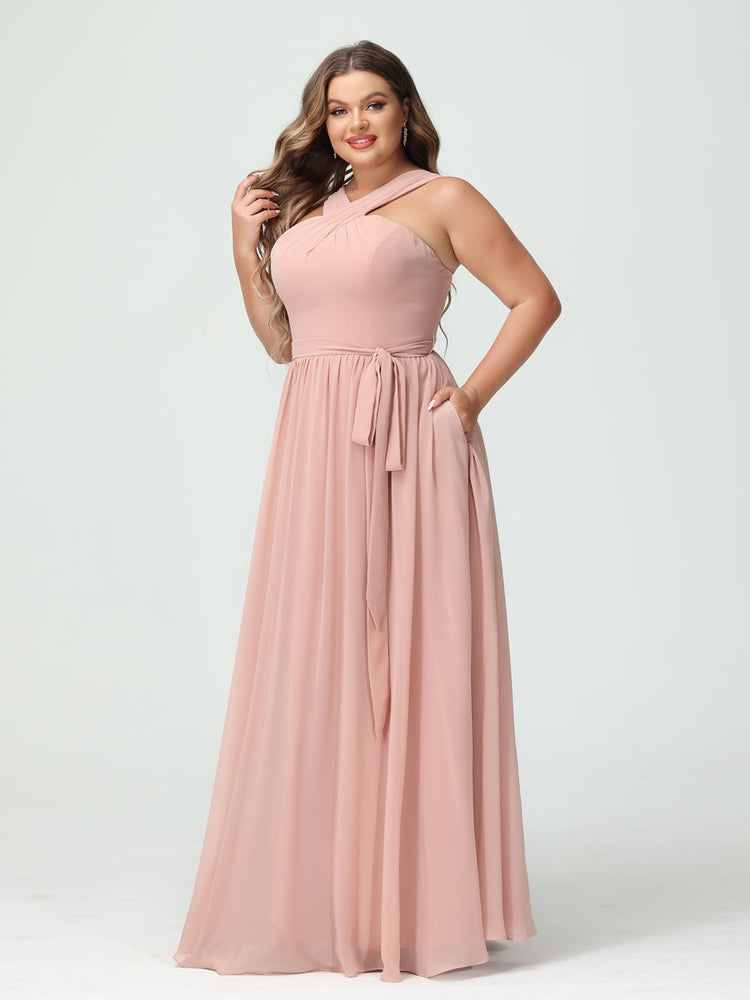 Sleeveless Plus Size Chiffon Bridesmaid Dress with Sash in A-Line/Princess Criss Cross Styles