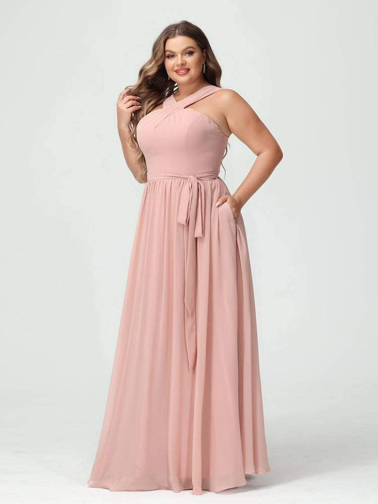 Sleeveless Plus Size Chiffon Bridesmaid Dress with Sash in A-Line/Princess Criss Cross Styles