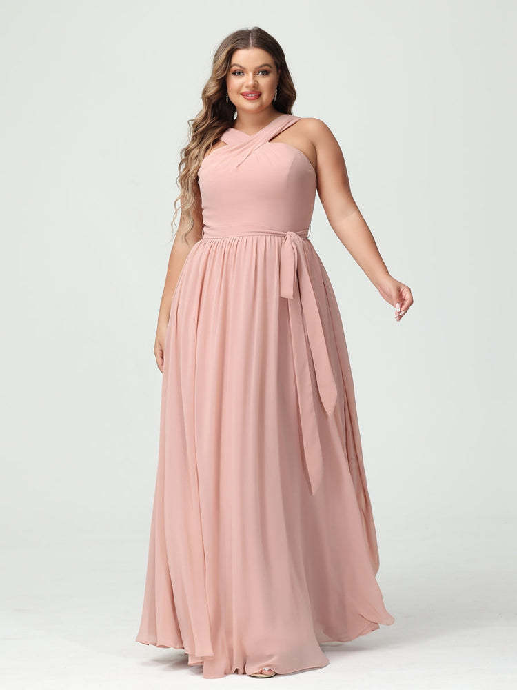 Sleeveless Plus Size Chiffon Bridesmaid Dress with Sash in A-Line/Princess Criss Cross Styles
