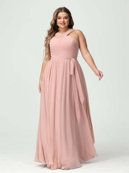 Sleeveless Plus Size Chiffon Bridesmaid Dress with Sash in A-Line/Princess Criss Cross Styles