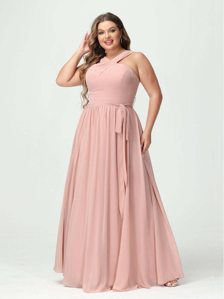 Sleeveless Plus Size Chiffon Bridesmaid Dress with Sash in A-Line/Princess Criss Cross Styles