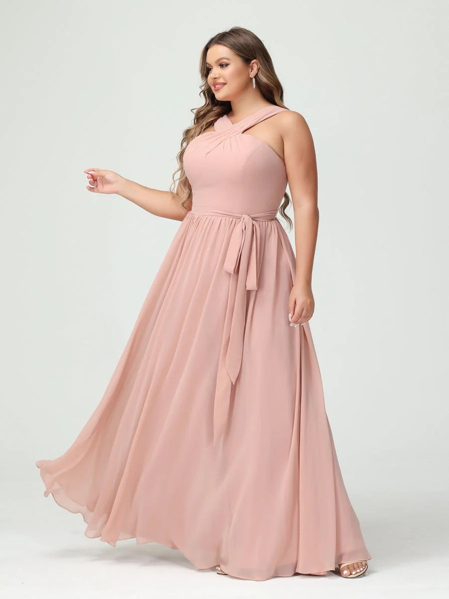 Sleeveless Plus Size Chiffon Bridesmaid Dress with Sash in A-Line/Princess Criss Cross Styles