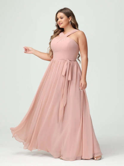Sleeveless Plus Size Chiffon Bridesmaid Dress with Sash in A-Line/Princess Criss Cross Styles