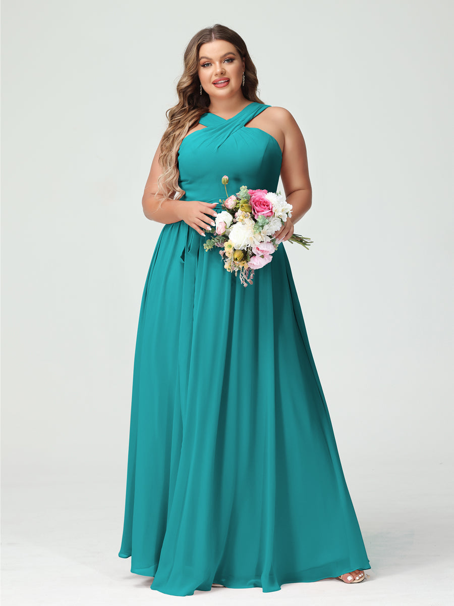 Sleeveless Plus Size Chiffon Bridesmaid Dress with Sash in A-Line/Princess Criss Cross Styles