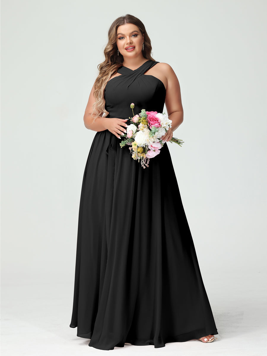 Sleeveless Plus Size Chiffon Bridesmaid Dress with Sash in A-Line/Princess Criss Cross Styles