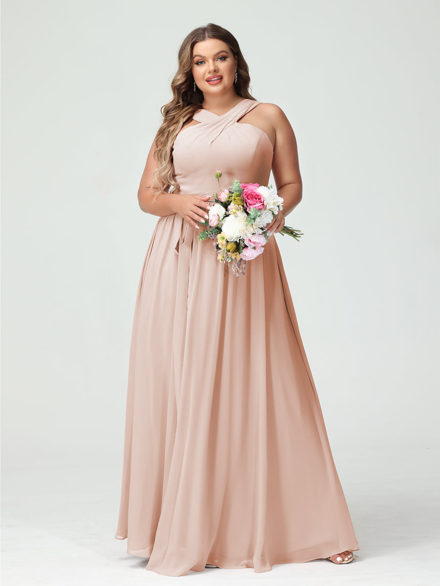 Sleeveless Plus Size Chiffon Bridesmaid Dress with Sash in A-Line/Princess Criss Cross Styles