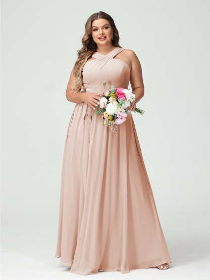 Sleeveless Plus Size Chiffon Bridesmaid Dress with Sash in A-Line/Princess Criss Cross Styles