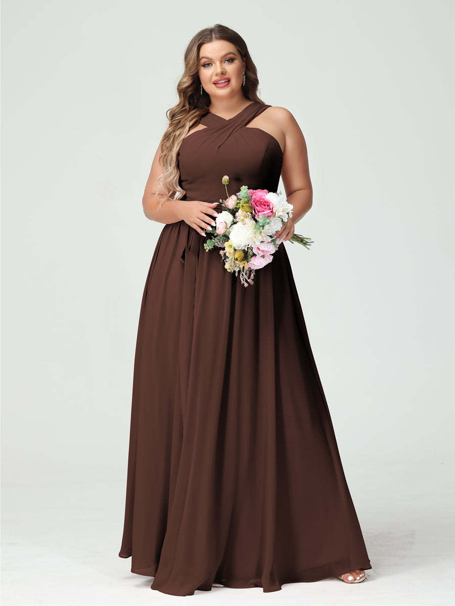 Sleeveless Plus Size Chiffon Bridesmaid Dress with Sash in A-Line/Princess Criss Cross Styles