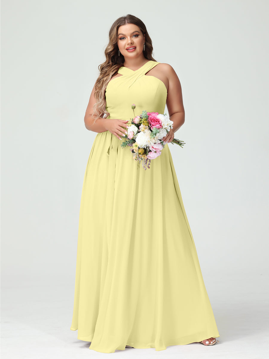 Sleeveless Plus Size Chiffon Bridesmaid Dress with Sash in A-Line/Princess Criss Cross Styles