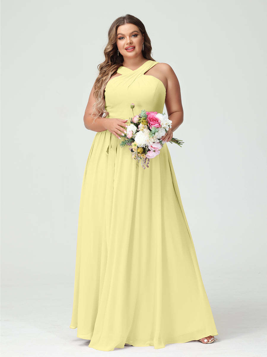 Sleeveless Plus Size Chiffon Bridesmaid Dress with Sash in A-Line/Princess Criss Cross Styles