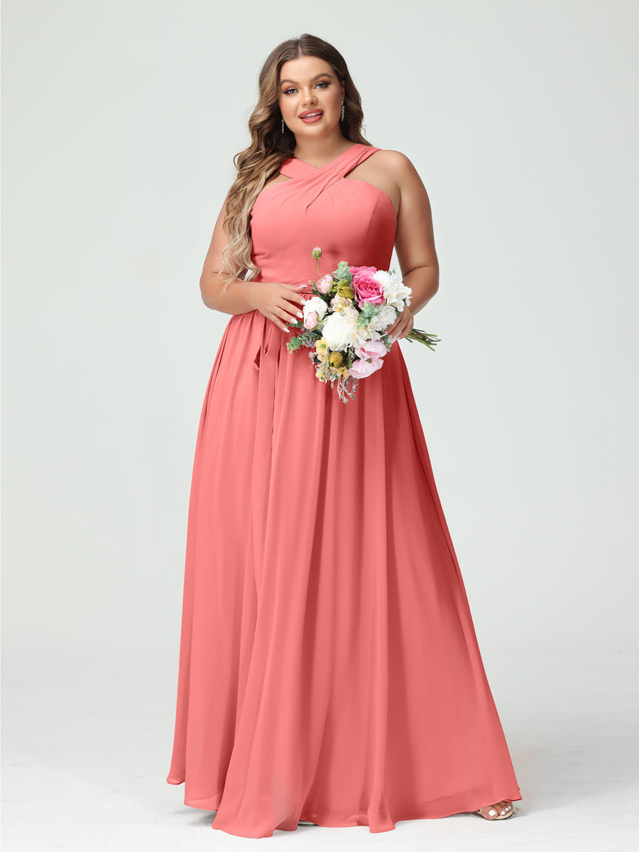 Sleeveless Plus Size Chiffon Bridesmaid Dress with Sash in A-Line/Princess Criss Cross Styles