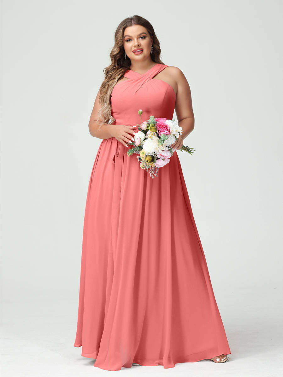 Sleeveless Plus Size Chiffon Bridesmaid Dress with Sash in A-Line/Princess Criss Cross Styles