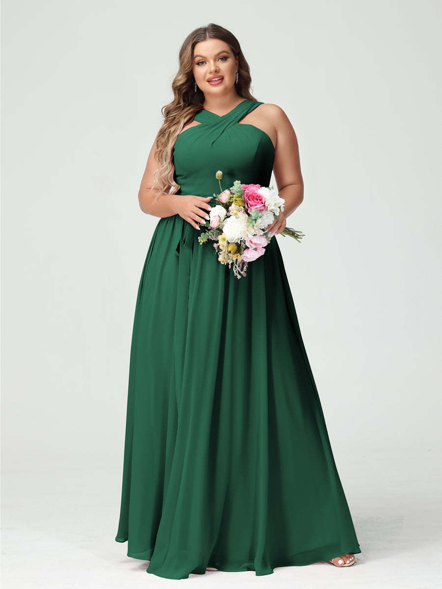 Sleeveless Plus Size Chiffon Bridesmaid Dress with Sash in A-Line/Princess Criss Cross Styles