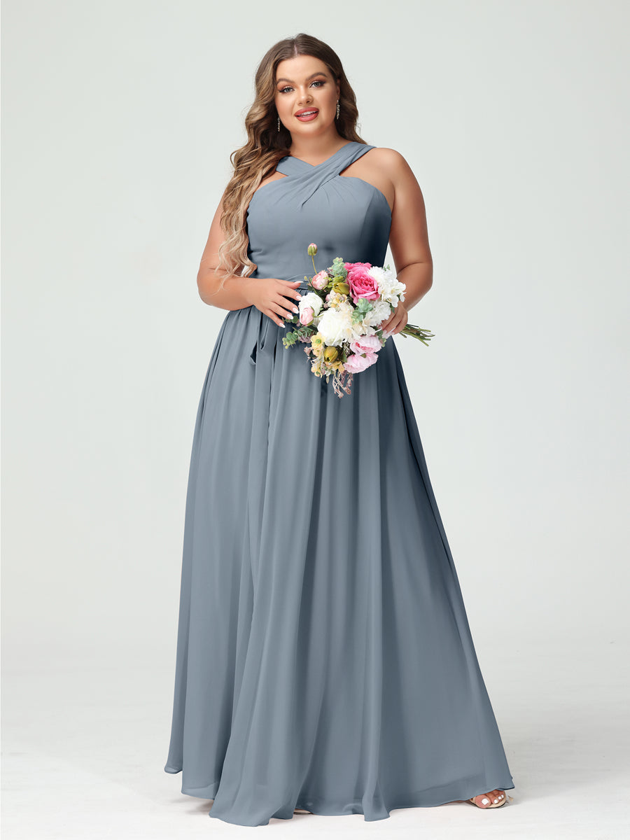 Sleeveless Plus Size Chiffon Bridesmaid Dress with Sash in A-Line/Princess Criss Cross Styles