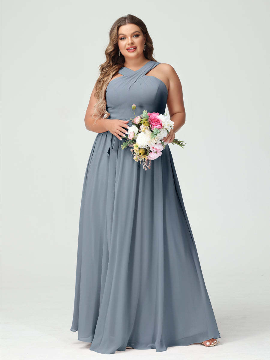 Sleeveless Plus Size Chiffon Bridesmaid Dress with Sash in A-Line/Princess Criss Cross Styles