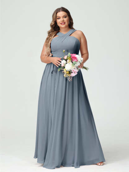 Sleeveless Plus Size Chiffon Bridesmaid Dress with Sash in A-Line/Princess Criss Cross Styles