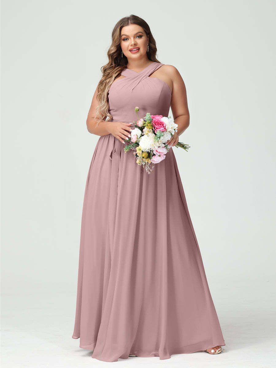 Sleeveless Plus Size Chiffon Bridesmaid Dress with Sash in A-Line/Princess Criss Cross Styles