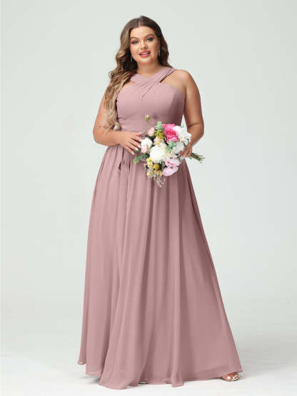 Sleeveless Plus Size Chiffon Bridesmaid Dress with Sash in A-Line/Princess Criss Cross Styles
