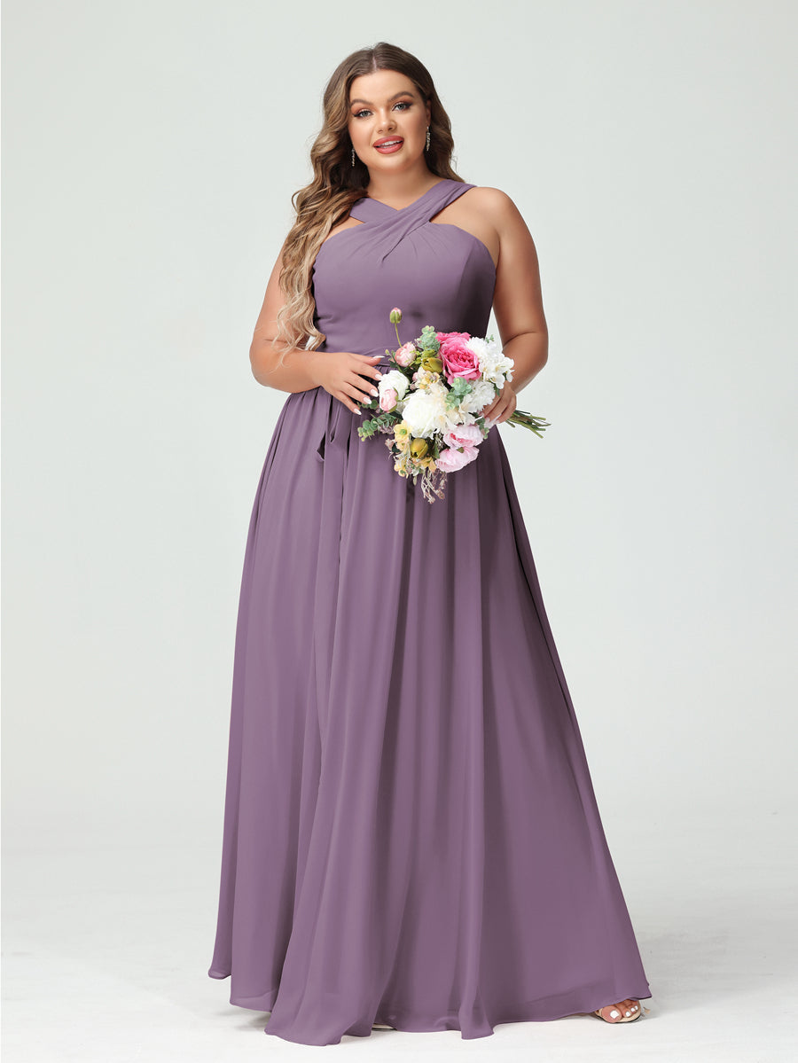 Sleeveless Plus Size Chiffon Bridesmaid Dress with Sash in A-Line/Princess Criss Cross Styles