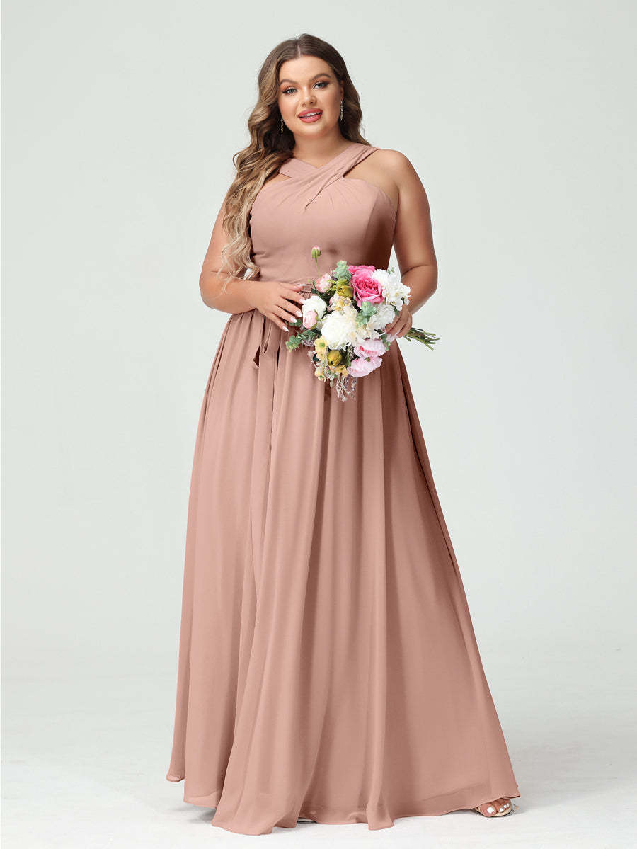 Sleeveless Plus Size Chiffon Bridesmaid Dress with Sash in A-Line/Princess Criss Cross Styles