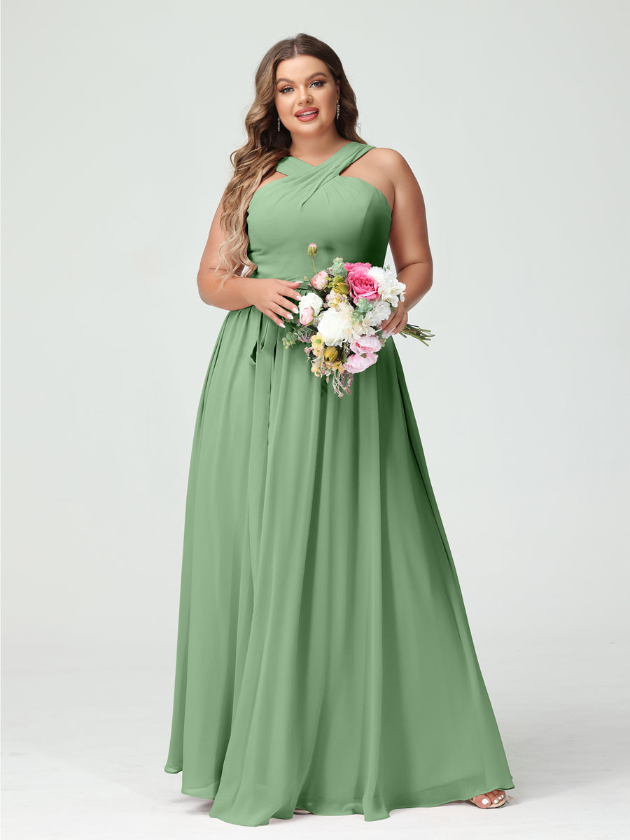 Sleeveless Plus Size Chiffon Bridesmaid Dress with Sash in A-Line/Princess Criss Cross Styles