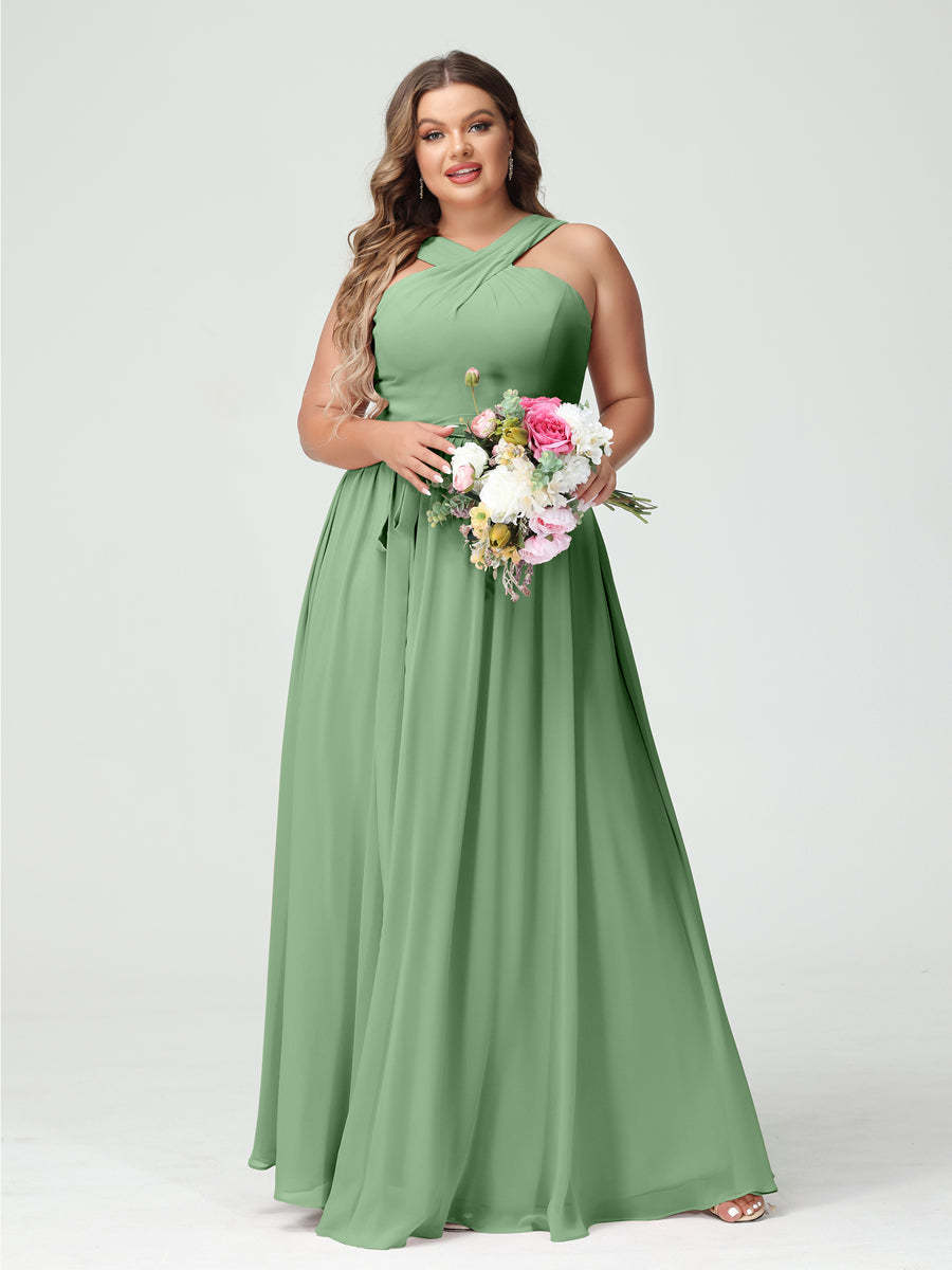 Sleeveless Plus Size Chiffon Bridesmaid Dress with Sash in A-Line/Princess Criss Cross Styles