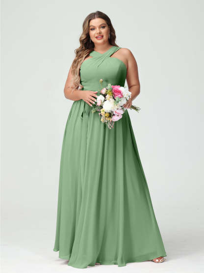 Sleeveless Plus Size Chiffon Bridesmaid Dress with Sash in A-Line/Princess Criss Cross Styles