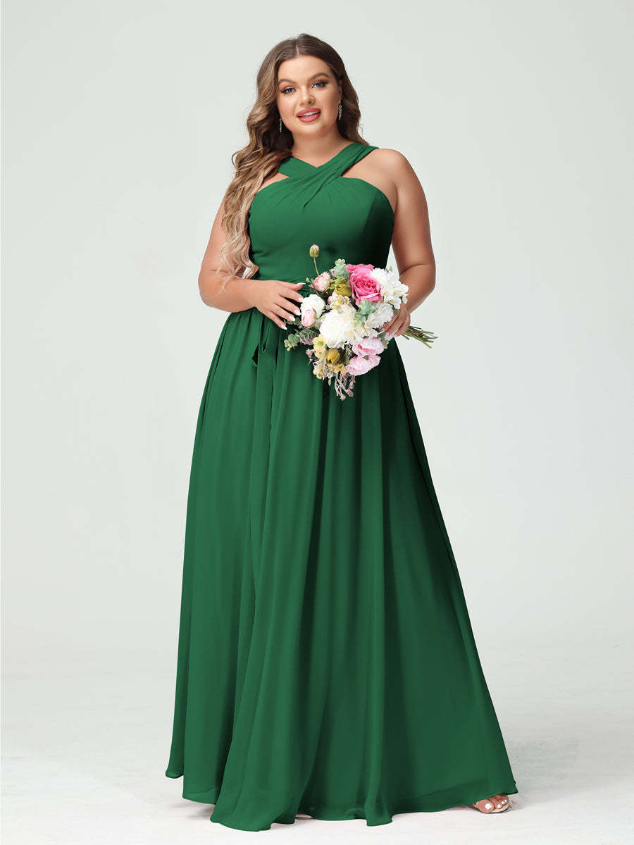 Sleeveless Plus Size Chiffon Bridesmaid Dress with Sash in A-Line/Princess Criss Cross Styles
