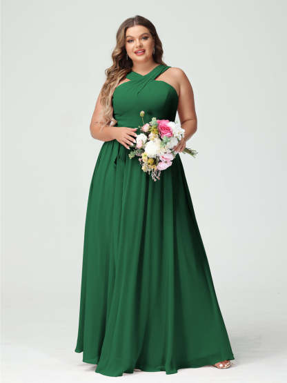 Sleeveless Plus Size Chiffon Bridesmaid Dress with Sash in A-Line/Princess Criss Cross Styles