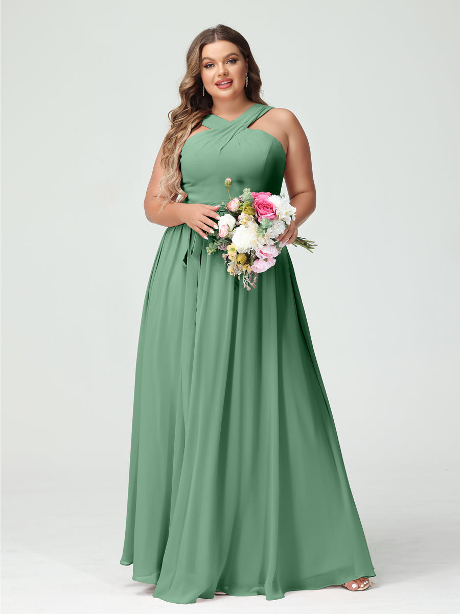 Sleeveless Plus Size Chiffon Bridesmaid Dress with Sash in A-Line/Princess Criss Cross Styles