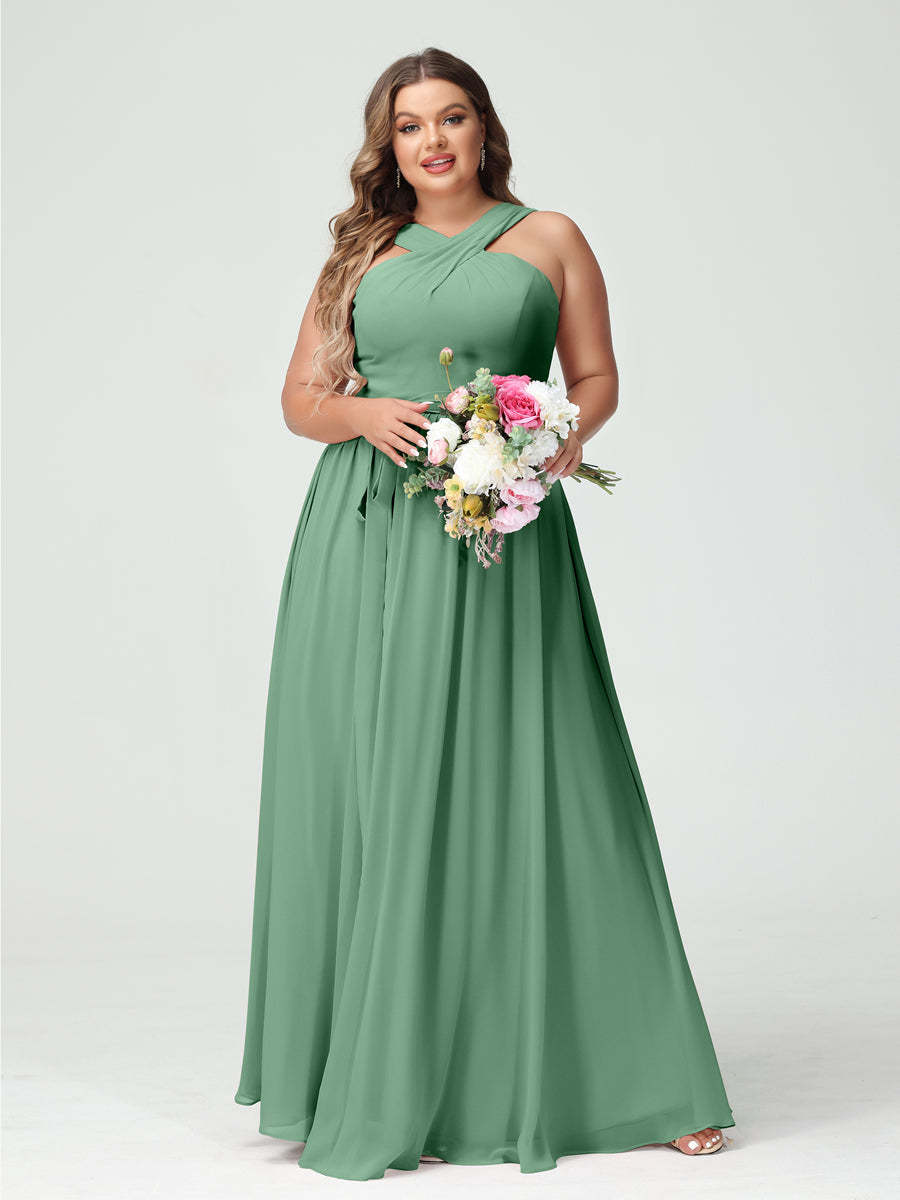 Sleeveless Plus Size Chiffon Bridesmaid Dress with Sash in A-Line/Princess Criss Cross Styles