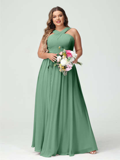 Sleeveless Plus Size Chiffon Bridesmaid Dress with Sash in A-Line/Princess Criss Cross Styles