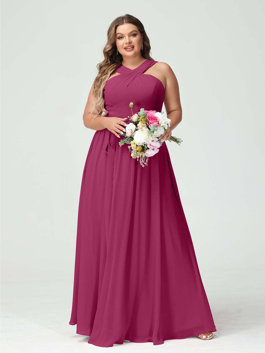 Sleeveless Plus Size Chiffon Bridesmaid Dress with Sash in A-Line/Princess Criss Cross Styles
