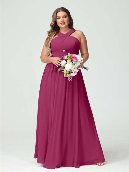 Sleeveless Plus Size Chiffon Bridesmaid Dress with Sash in A-Line/Princess Criss Cross Styles