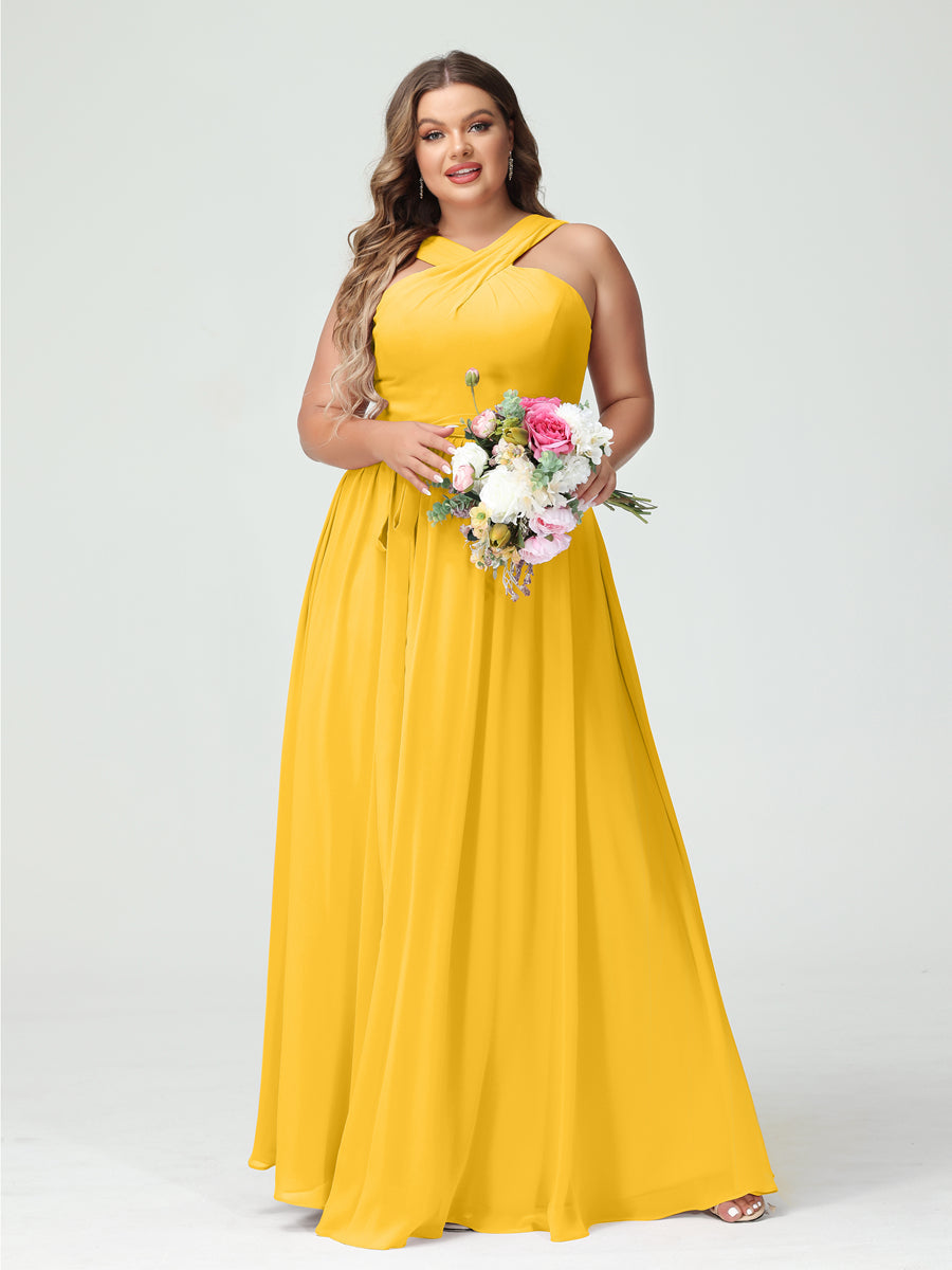 Sleeveless Plus Size Chiffon Bridesmaid Dress with Sash in A-Line/Princess Criss Cross Styles