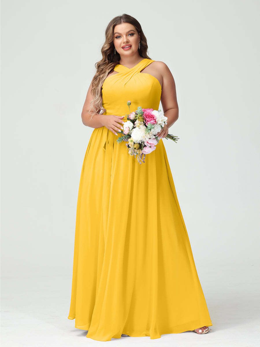 Sleeveless Plus Size Chiffon Bridesmaid Dress with Sash in A-Line/Princess Criss Cross Styles