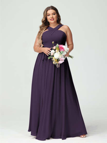 Sleeveless Plus Size Chiffon Bridesmaid Dress with Sash in A-Line/Princess Criss Cross Styles