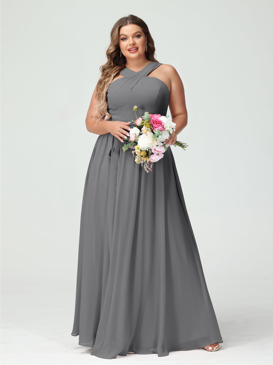 Sleeveless Plus Size Chiffon Bridesmaid Dress with Sash in A-Line/Princess Criss Cross Styles