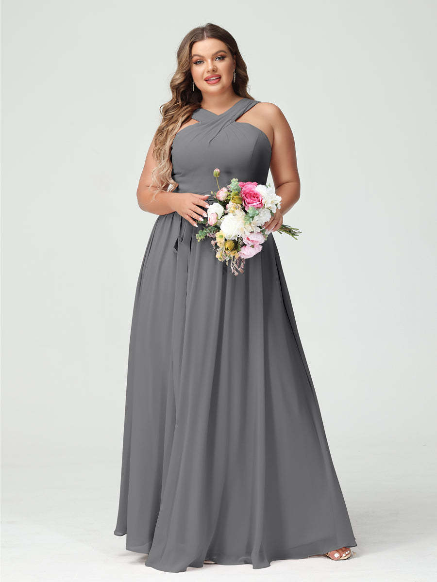 Sleeveless Plus Size Chiffon Bridesmaid Dress with Sash in A-Line/Princess Criss Cross Styles