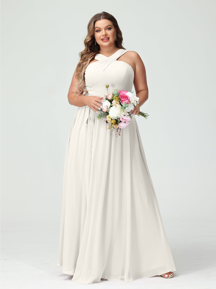Sleeveless Plus Size Chiffon Bridesmaid Dress with Sash in A-Line/Princess Criss Cross Styles