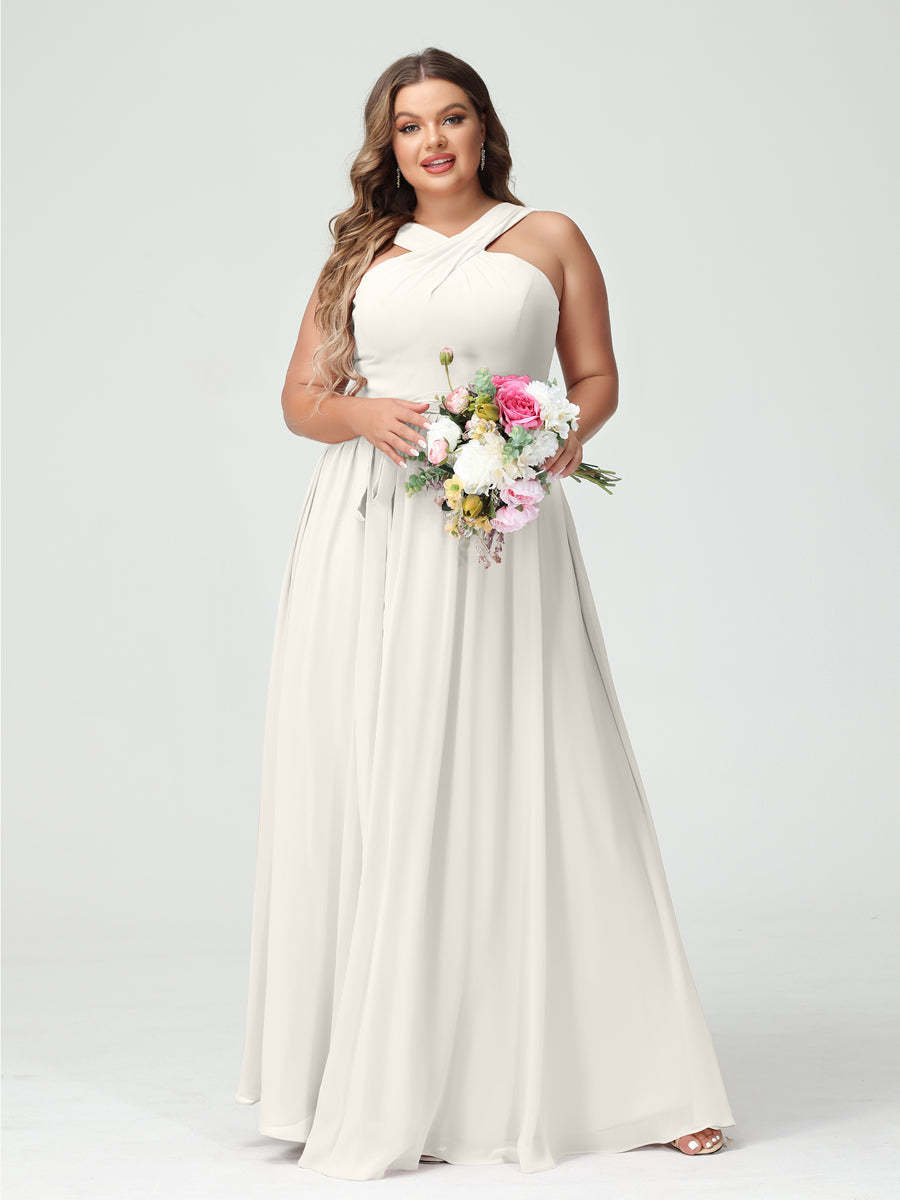 Sleeveless Plus Size Chiffon Bridesmaid Dress with Sash in A-Line/Princess Criss Cross Styles