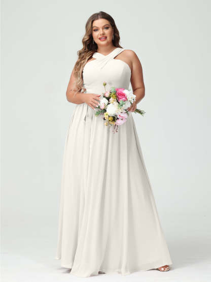 Sleeveless Plus Size Chiffon Bridesmaid Dress with Sash in A-Line/Princess Criss Cross Styles