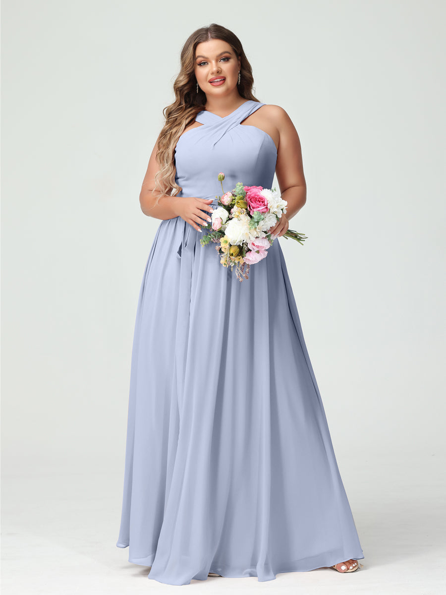Sleeveless Plus Size Chiffon Bridesmaid Dress with Sash in A-Line/Princess Criss Cross Styles