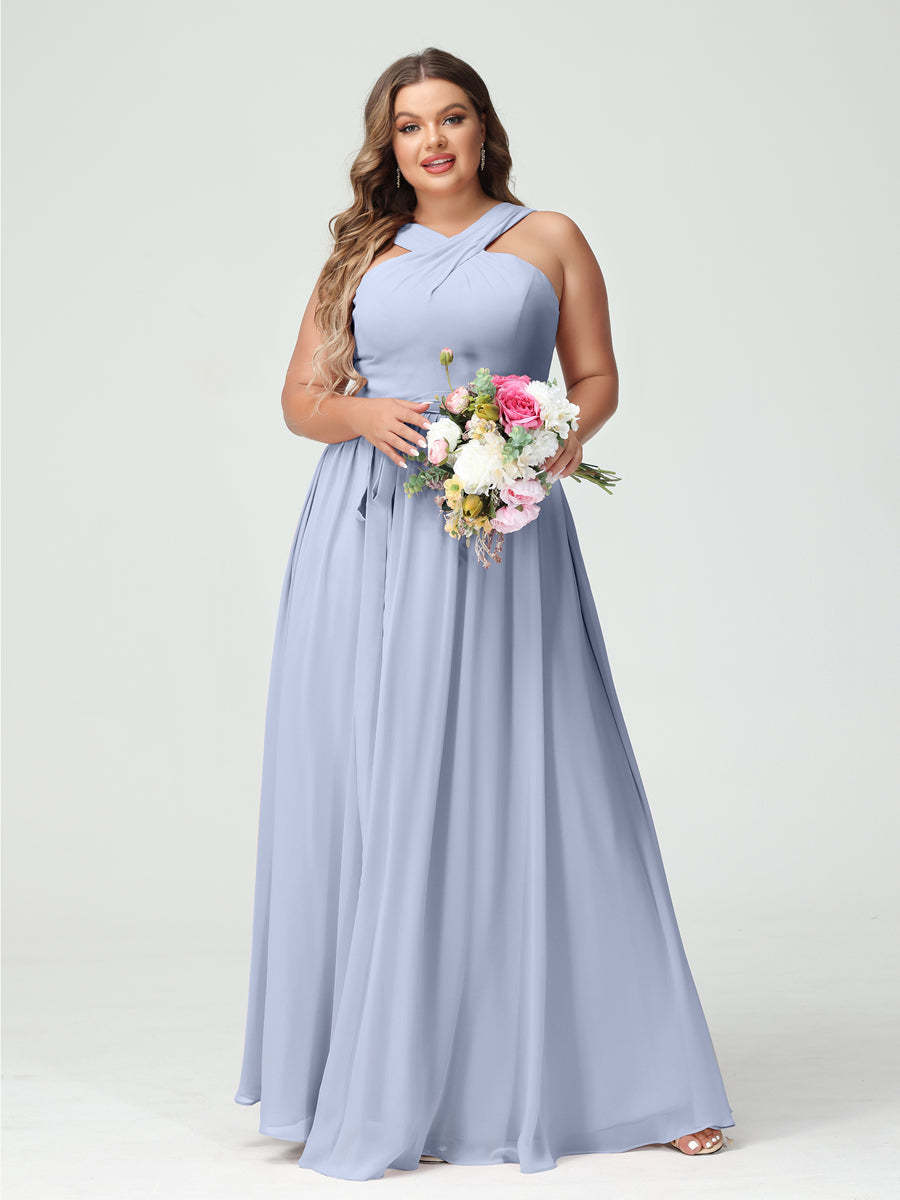 Sleeveless Plus Size Chiffon Bridesmaid Dress with Sash in A-Line/Princess Criss Cross Styles