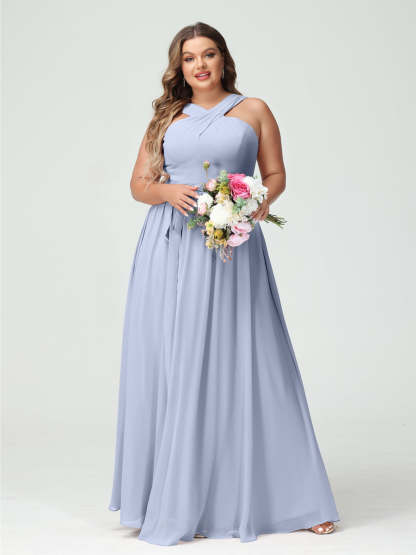 Sleeveless Plus Size Chiffon Bridesmaid Dress with Sash in A-Line/Princess Criss Cross Styles