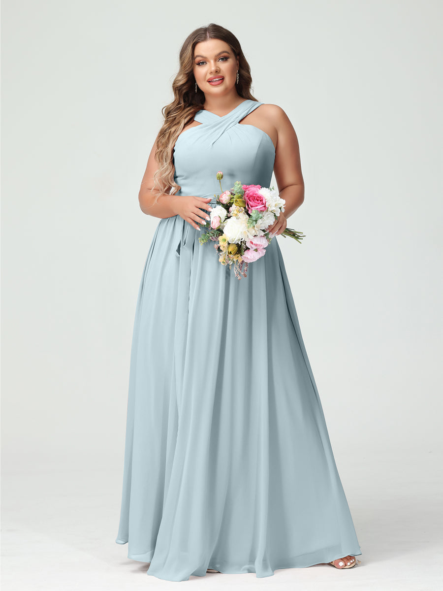 Sleeveless Plus Size Chiffon Bridesmaid Dress with Sash in A-Line/Princess Criss Cross Styles