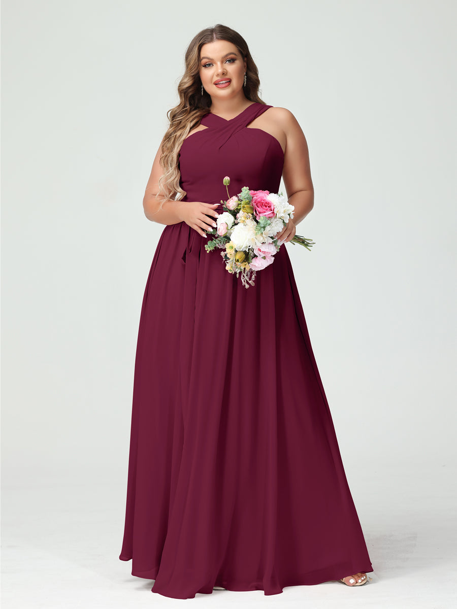Sleeveless Plus Size Chiffon Bridesmaid Dress with Sash in A-Line/Princess Criss Cross Styles