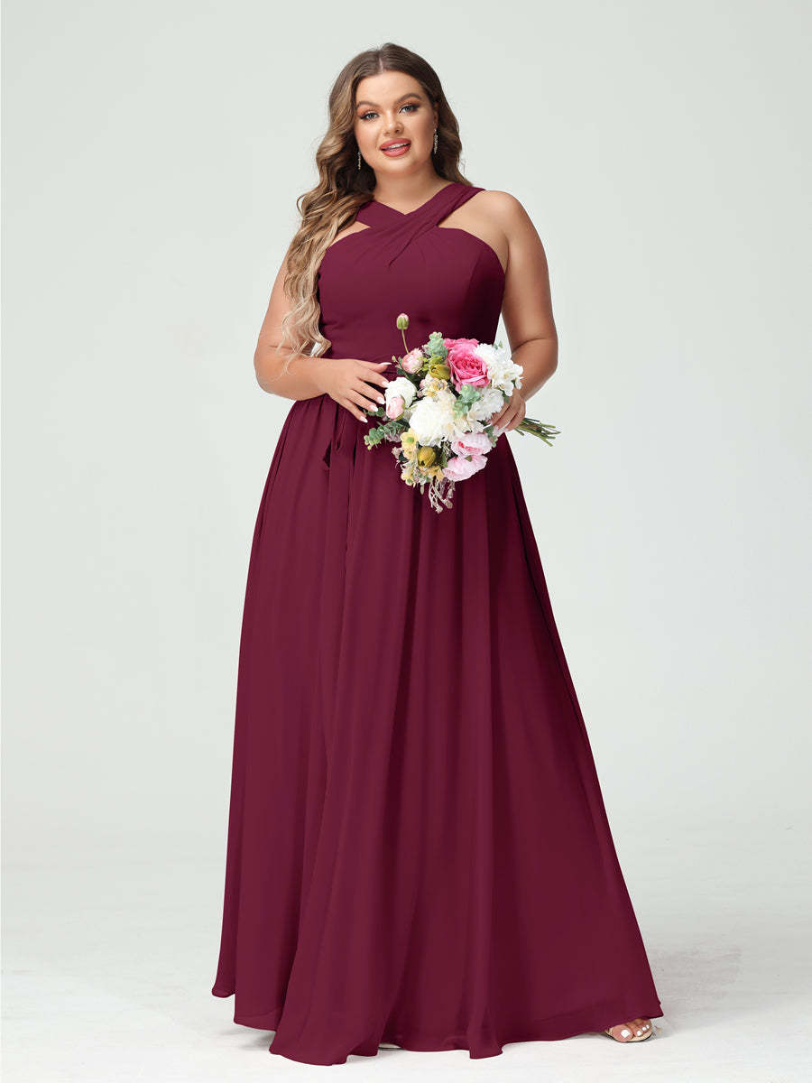 Sleeveless Plus Size Chiffon Bridesmaid Dress with Sash in A-Line/Princess Criss Cross Styles