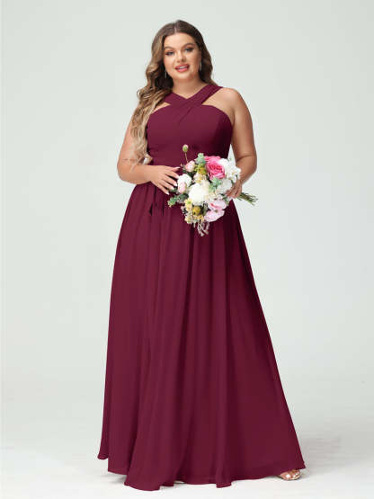 Sleeveless Plus Size Chiffon Bridesmaid Dress with Sash in A-Line/Princess Criss Cross Styles