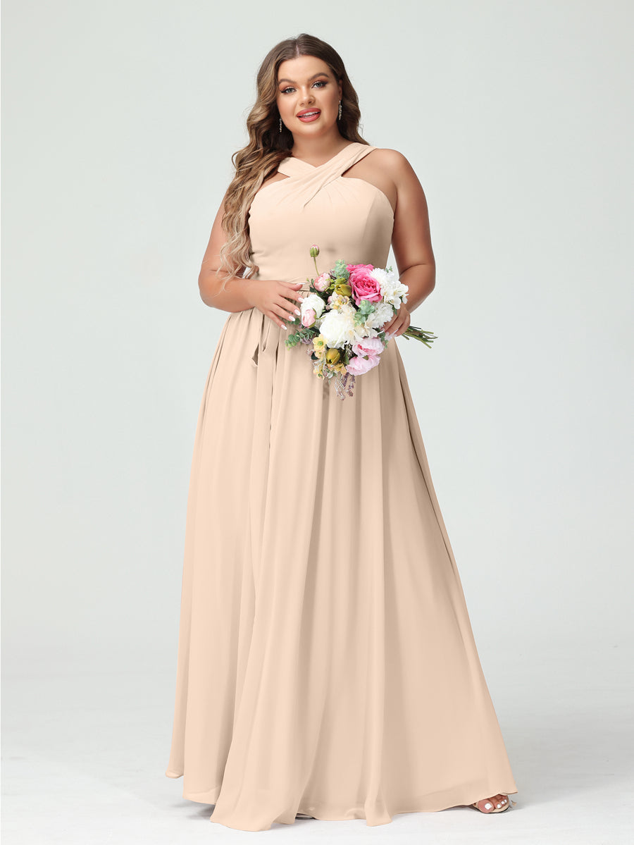 Sleeveless Plus Size Chiffon Bridesmaid Dress with Sash in A-Line/Princess Criss Cross Styles